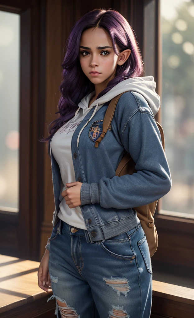 (masterpiece), (extremely intricate:1.3), (realistic), portrait of a girl, huge and perfect breasts, the most beautiful in the world, dark eyebrows, bright purple hair, (Hermione granger:1.3), scowl, (annoyed pout:1.2), blushing heavily, (oversized baggy cosy hoodie), (ripped baggy jeans), (canvas sneakers), (backpack), (elf ears:1.1), tanned, detailed textures, indoors, bright sunlight, college library, professional photograph of a stunning woman detailed, looking at the camera, alluring stare, detailed eyes, sharp focus, dramatic, award winning, cinematic lighting, octane render  unreal engine,  volumetrics dtx, (film grain, blurry background, blurry foreground, bokeh, depth of field, motion blur:1.3)
