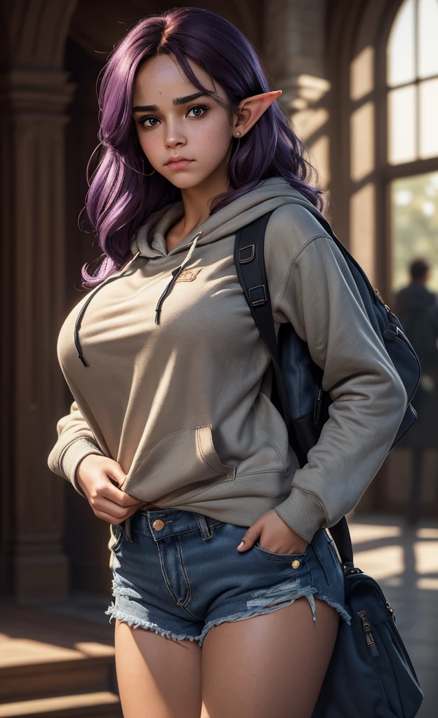 (masterpiece), (extremely intricate:1.3), (realistic), portrait of a girl, huge and perfect breasts, the most beautiful in the world, dark eyebrows, bright purple hair, (Hermione granger:1.3), scowl, (annoyed pout:1.2), blushing heavily, (oversized baggy cosy hoodie), (ripped baggy jeans), (canvas sneakers), (backpack), (elf ears:1.1), tanned, detailed textures, indoors, bright sunlight, college library, professional photograph of a stunning woman detailed, looking at the camera, alluring stare, detailed eyes, sharp focus, dramatic, award winning, cinematic lighting, octane render unreal engine, volumetrics dtx, (film grain, blurry background, blurry foreground, bokeh, depth of field, motion blur:1.3)