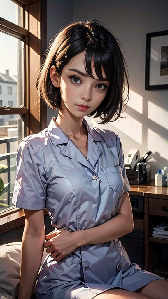 Face close, masterpiece, Ultra-high resolution, original photo, 1 girl, (Healer), (Healer帽), (Ward), nurse_uniform, Lovely，whole body, long legs, Energetic, Daylight Deep Shadows, Unobtrusive, A ray of sunlight shines on my face through the window, front， short hair，light，Top quality, Beautiful and slender nose, Beautiful Skin, (medium length bob hairstyle), Natural bangs, White skin, Forward lighting, (Brighten your face), Health Room