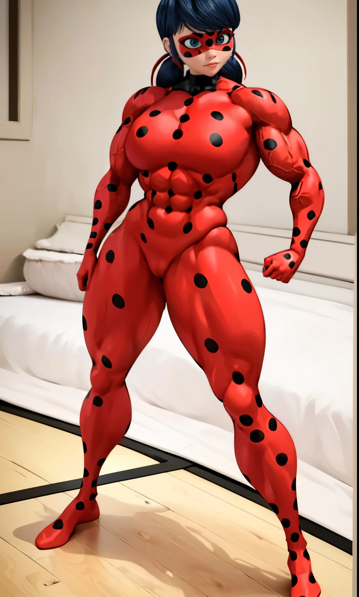 (big muscular female bodybuilder, beautiful detailed eyes, beautiful detailed lips:1.1,strong physique, two short blue pigtails, (a bright red mask with five black spots that are in a symmetrical design around her eyes, a luminous vivid red superhero jumpsuit with a black turtleneck collar and black spotuscle are visible in clothes)), lifting weight, muscular arms and legs:1.2, toned abs, powerful expression,sweating:1.1, bed background:0.9, intense focus:1.1, vibrant colors, dramatic lighting),rippling muscles,sturdy frame,dark tan,fit around the waist,tight abs,strong arms and shoulders,intense expression,determined look,well-defined muscles and veins,straining muscles,artistic pose,steely gaze,side lighting,powerful presence,vivid colors,dynamic composition,studio lighting,physically-based rendering,athletic build,bodybuilding silhouette,professional,gritty texture,bokeh,(LOOKING AT FRONT).