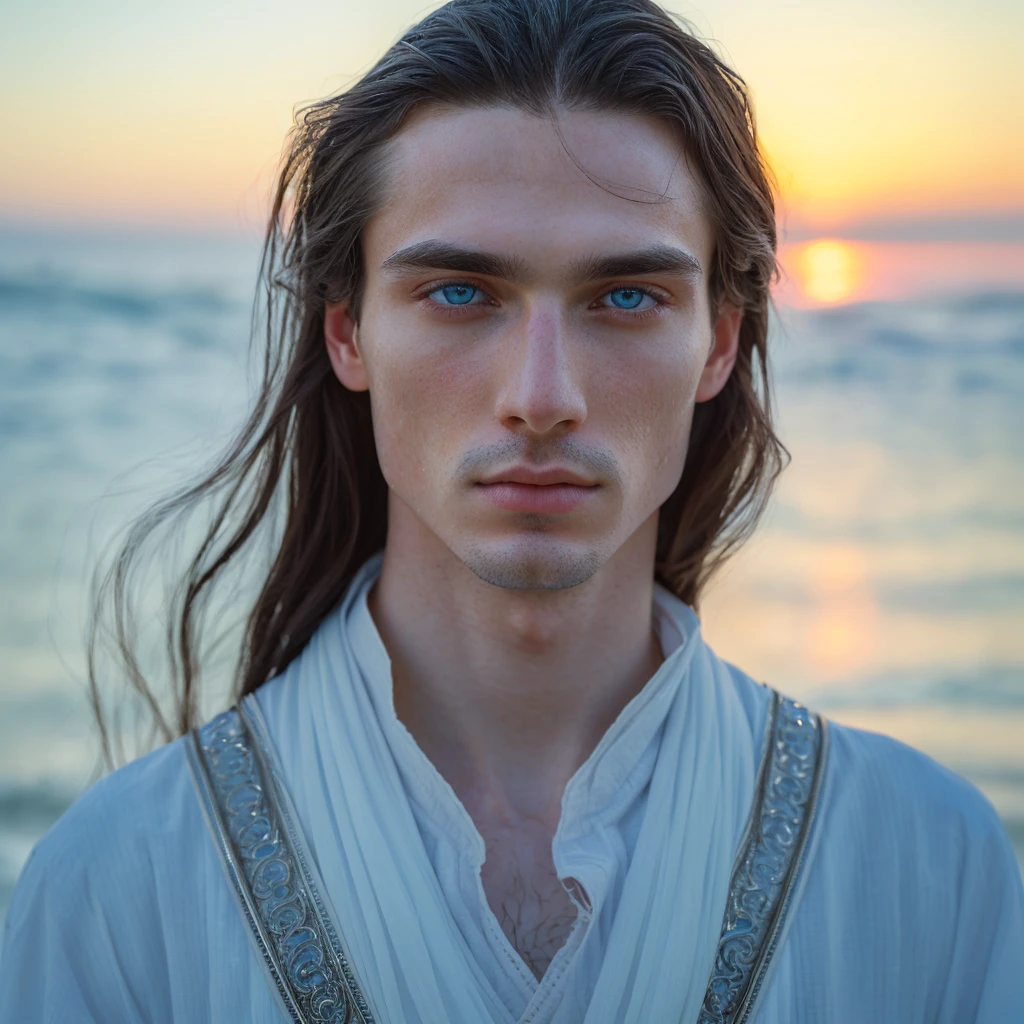 man with long black hair and blue eyes standing on the beach, wearing white tunic, fantasy male portrait, soft portrait shot 8 k, portrait of a man, beautiful androgynous prince, a portrait of a man, attractive androgynous humanoid, delicate androgynous prince, beautiful male, close - up portrait shot, portrait shot
