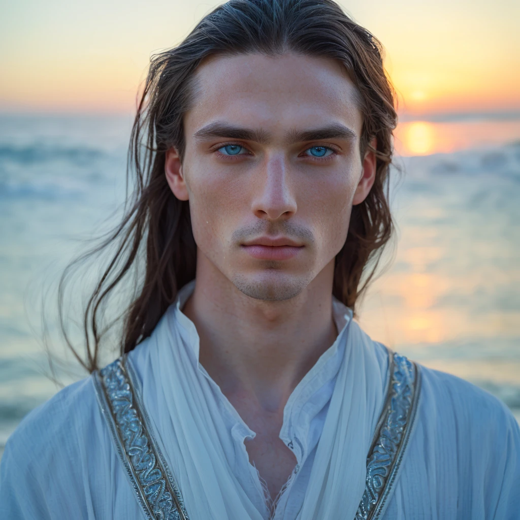 man with long black hair and blue eyes standing on the beach, wearing white tunic, fantasy male portrait, soft portrait shot 8 k, portrait of a man, beautiful androgynous prince, a portrait of a man, attractive androgynous humanoid, delicate androgynous prince, beautiful male, close - up portrait shot, portrait shot