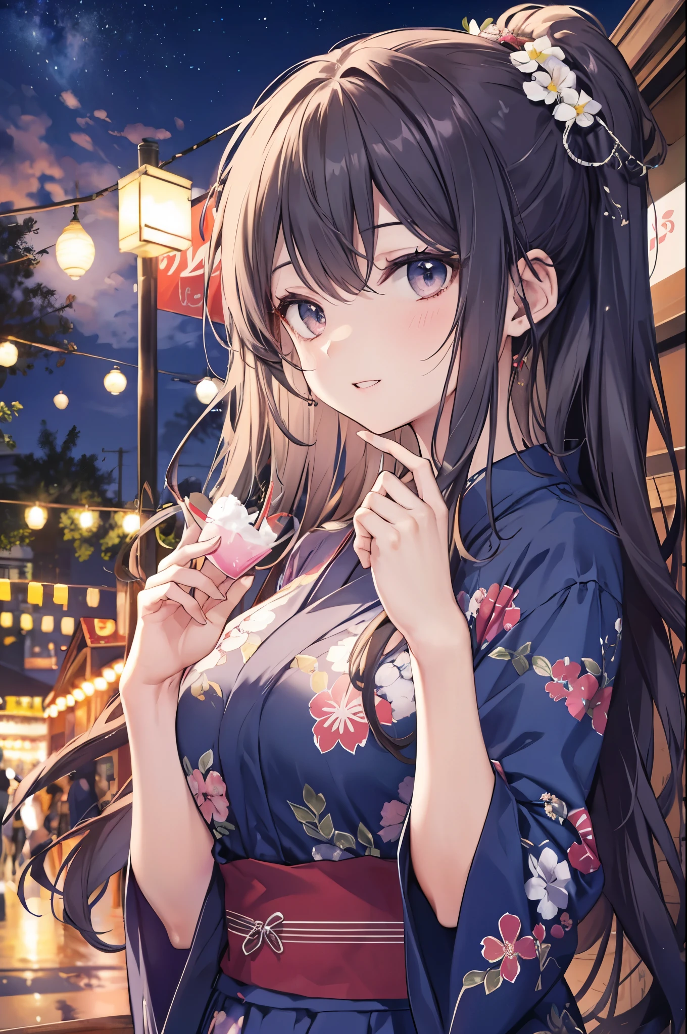 Highest quality、Complete limbs、Full Finger、Slender beauty、Straight Hair、Brown Hair、Long Hair、(Navy blue yukata:1.3)、Floral Yukata、Summer festival、river、Beautiful big breasts、Big smile、eating cotton candy、Sexy pose、Night Sky、Soaring、Looking up at the fireworks
