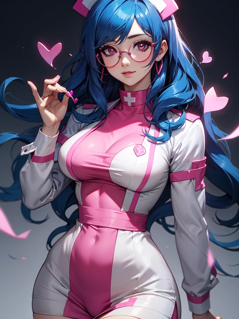 (((Portrait Photo))), She has the Appearance of a Caring and Professional Young Nurse, with a Voluptuous Figure that Radiates Kindness and Competence. Her Long, Wavy Blue Hair is Elegantly Styled, Falling Gracefully Over Her Shoulders and Framing Her Gentle Face. Her Large, Red Eyes, Enhanced by Glasses, Reflect a Deep Compassion and Warmth, Inviting Trust and Comfort. Her Expression is Soft and Understanding, with a Hint of a Smile that Conveys Reassurance and Dedication. (((Portrait Photo))), (((Dark Background))), (((Sexy Pink Nurse's Uniform Accentuates Her Curves))), (((Heart-shaped Pupils))), (((Long Wavy Blue Hair))), (((Circular Glasses)))