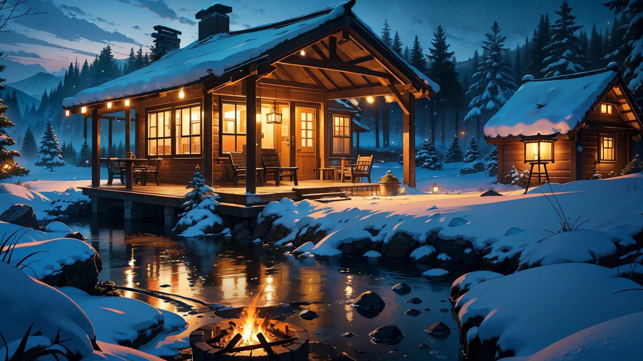 (masterpiece), (best quality), 8k, high detail, Super detailed, Night falls in the village, (Fire lights up the sky), ((warmth and hope)), (silent village), (glowing night)best quality,4K,8k,high resolution,masterpiece:1.2),Super detailed,(current,照片current,照片-current:1.37),Cottages,cozy cabin,wide view,Cottages with panoramic sea views,peaceful atmosphere,Very attentive to details,peaceful environment,Panorama of the sea,Quiet location,Brightly lit night scene outside the large window,Stunning night view outside,Quaint and rustic design,hot coffee,tableware,dog sleeping,comfortable furniture,soft warm light,peaceful colors,Picturesque snow scene,,fresh air,breeze,rustling leaves,peace,,nature exploration,adventure,hiding place、The perfect place to relax and meditate。Camping thatched mud house