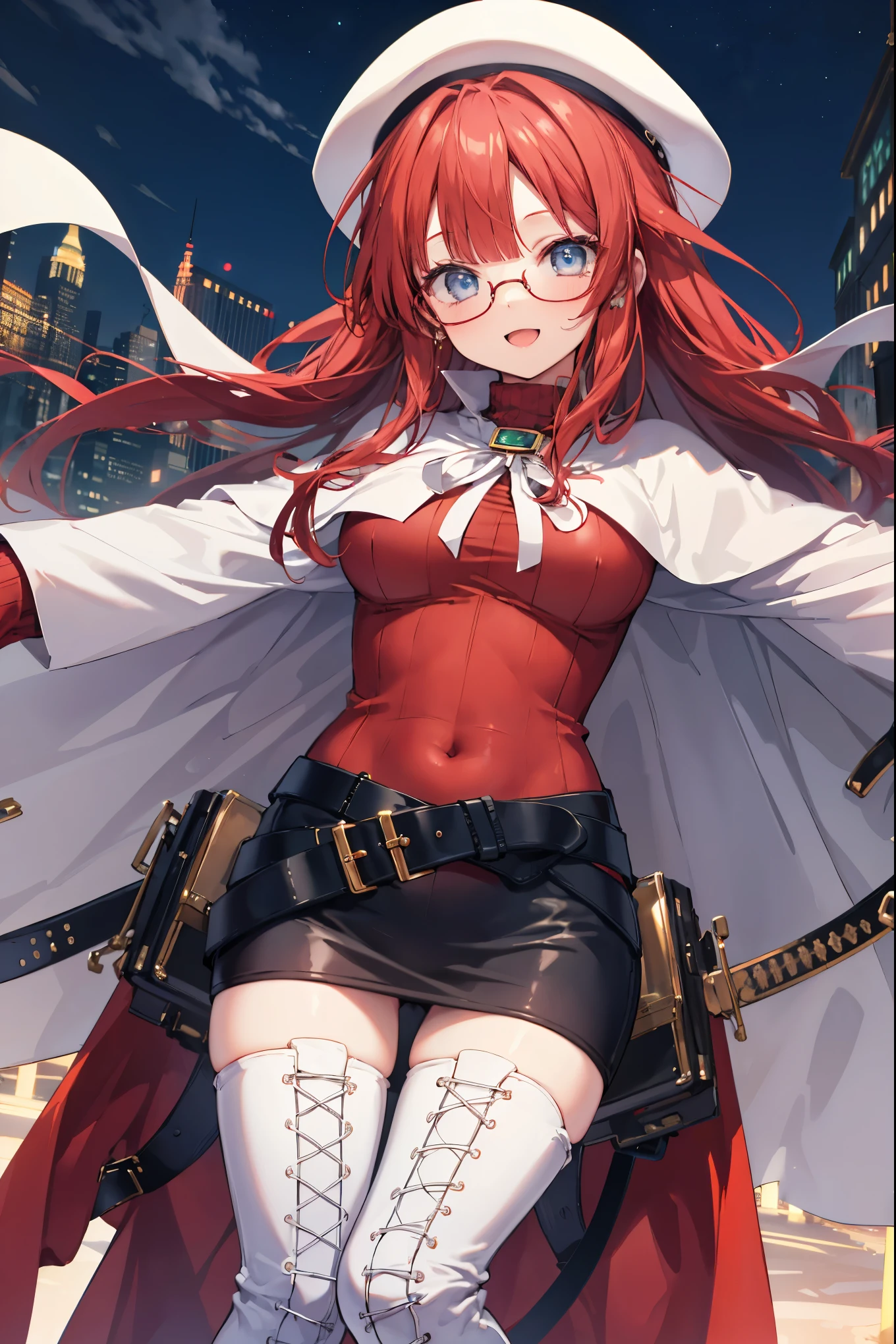 summonnightaty, aty, (young:1.3),long hair, blue eyes, red hair, big_tits, hat, glasses,
BREAK long hair, thighhighs, hat, dress, naked_legs, glasses, belt, cape, sweater, zettai ryouiki, beret, thigh boots, white footwear, ribbed sweater, loose belt,solo,
BREAK outdoors, fantasy,
,Highquality_hads,perfect_fingers,
BREAK (masterpiece:1.2), best quality, high resolution, unity 8k wallpaper, (illustration:0.8), (beautiful detailed eyes:1.6), extremely detailed face, perfect lighting, extremely detailed CG, (perfect hands, perfect anatomy),covered_nipples,covered_navel ,half_eyes,long_sword,sleepy_eyes,red_sweater,apart_knees,magical_effect,spread_legs, have_a_book,teacher,rise_knee,Smile,rise_hand,look_down_viewer,spread_arms,,looking_into,plump,open_mouth, dynamic_posing,solo,in_Emodern_town_landscape,night_sky,solo