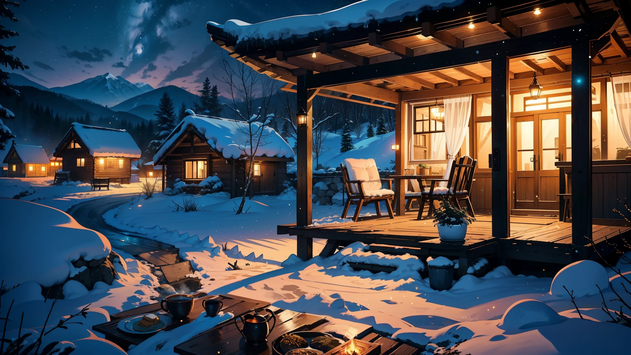 (masterpiece), (best quality), 8k, high detail, Super detailed, Night falls in the village, (Fire lights up the sky), ((warmth and hope)), (silent village), (glowing night)best quality,4K,8k,high resolution,masterpiece:1.2),Super detailed,(current,照片current,照片-current:1.37),Cottages,cozy cabin,wide view,Cottages with panoramic sea views,peaceful atmosphere,Very attentive to details,peaceful environment,Panorama of the sea,Quiet location,Brightly lit night scene outside the large window,Stunning night view outside,Quaint and rustic design,hot coffee,tableware,dog sleeping,comfortable furniture,soft warm light,peaceful colors,Picturesque snow scene,,fresh air,breeze,rustling leaves,peace,,nature exploration,adventure,hiding place、The perfect place to relax and meditate。Camping thatched mud house