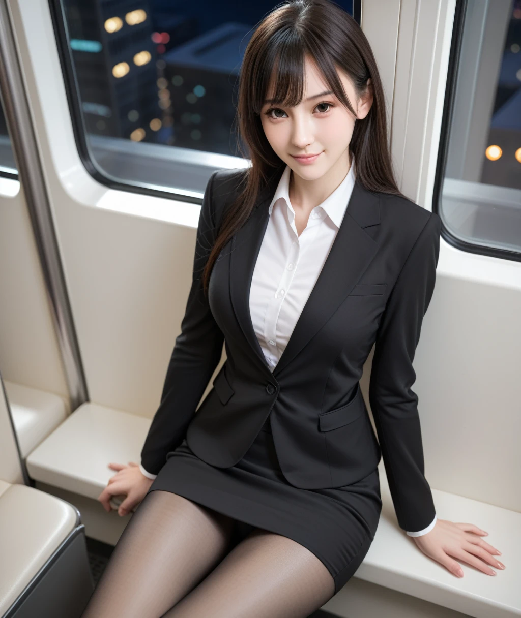 score_9, score_8_up, score_7_up, uncensored, realistic, in train, tokyo, (at night:1.2), (from above:1.3),
1girl, cute, japanese, black hair, long hair, bangs, brown eyes, closed mouth, naughty face, (large breasts), 
(business suit:1.2), office_uniform, (black suit:1.3), white shirt, pencilskirt, pantyhose, (microskirt:1.2),
sitting on train long seat,  