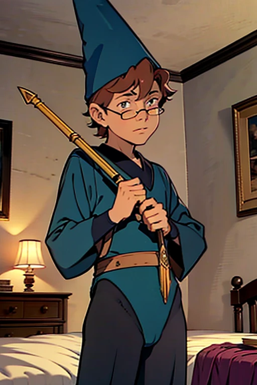 Boy, , leotard, ((Bedroom)), rapier in his hand, wearing a wizard hat and eyeglasses