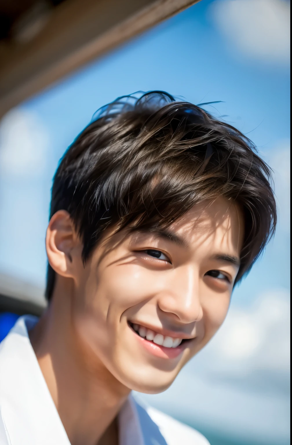 Highest quality, masterpiece, Ultra-high resolution, (Realistic: 1.4), Original photo, wallpaper, Head Photo, skin, Simple Background, Iris, detailed, Selfie, 1 boy, 18-year-old, good looking, Wind,smile,
