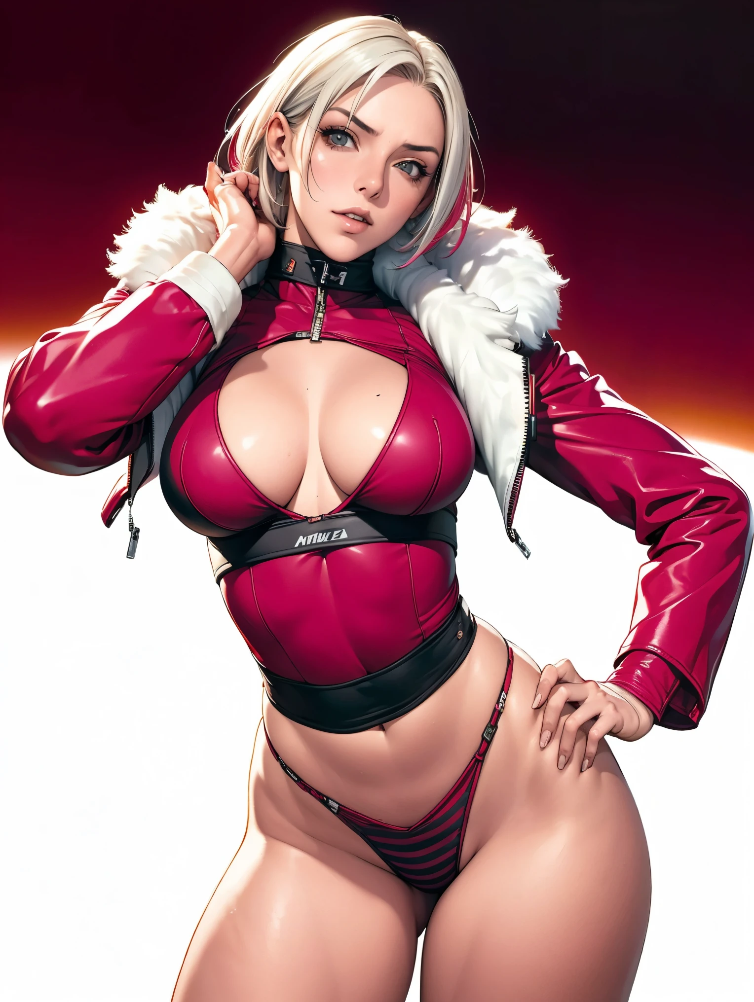 (((Annie Lennox))), (((colorful suit))), (scars), (((bandaged arms))), (((colorful clothes))) (( hood)), (((best qualityer: 1.4))), (Unbeatable masterpiece), (hiper HD),(CG 8k hyper-realistic), brave face, (((breasts big))), (((hyper feminine))), sexly girl, black tattoo,(ultra short red hair with white highlights)), ((( sculptural body ))), (((1 Kizi))), Kizi tatuada de 25 anos com perfectbody,,Beautiful and well-groomed face,muscular body:1.2,solid color detailed jacket, (Head to thigh photos), Complex equipment, ,Tight clothes,With white stars and off-white stripes,,,,,Armor Metal Electronic Parts, Poison tattoos ) INFO, Kizi, (((standing alone))), , 24歳, sexy, pose de atitude, work of art, post-apocalypse, (((manga style))), bounty hunter, the way you want, perfect body, roupa moderna, advanced technology, in red and black, fur collar jacket, sleeves with vertical striped pattern, background city, (( cowboy shot )). intricate visual, narrow waist, (((wide hips))), wide hips, fit thighs, (thigh gap), background shows a futuristic airplane
