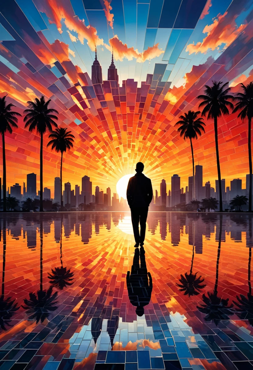 Create a striking artwork featuring a dramatic sunset over a city skyline, framed by a mosaic-like structure. The sky should be a vivid blend of reds and oranges, with the sun partially obscured, casting a warm glow. In the foreground, a figure stands on a reflective surface, mirroring the colors of the sky and the city. The scene should evoke a sense of exploration and wonder, with silhouettes of palm trees and buildings adding depth. The overall composition should convey a surreal and captivating atmosphere, blending urban life with natural beauty.