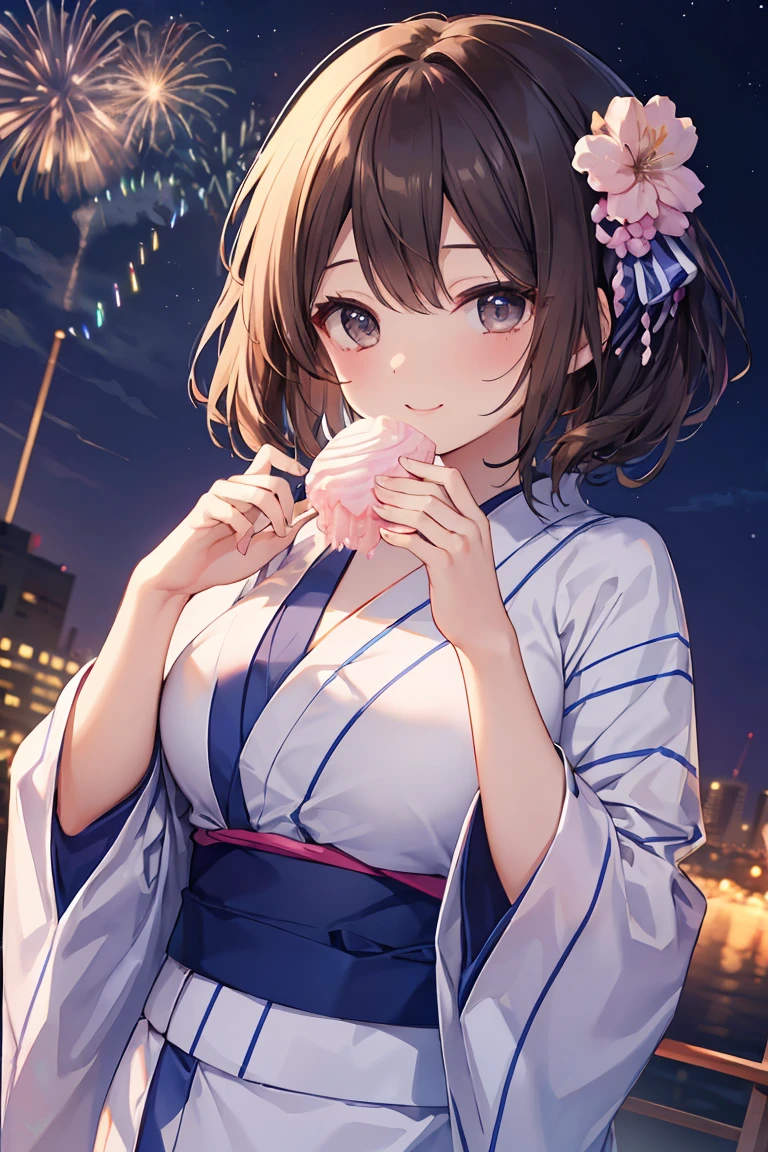 Highest quality、Complete limbs、Full Finger、Slender beauty、Straight Hair、Brown Hair、Long Hair、(Navy blue yukata:1.3)、Floral Yukata、Summer festival、river、Beautiful big breasts、Big smile、eating cotton candy、Sexy pose、Night Sky、Soaring、Looking up at the fireworks