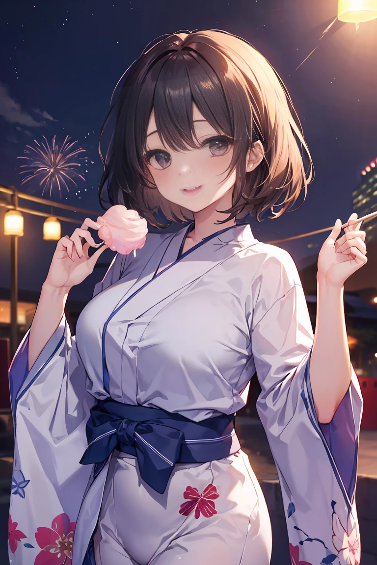 Highest quality、Complete limbs、Full Finger、Slender beauty、Straight Hair、Brown Hair、Long Hair、(Navy blue yukata:1.3)、Floral Yukata、Summer festival、river、Beautiful big breasts、Big smile、eating cotton candy、Sexy pose、Night Sky、Soaring、Looking up at the fireworks