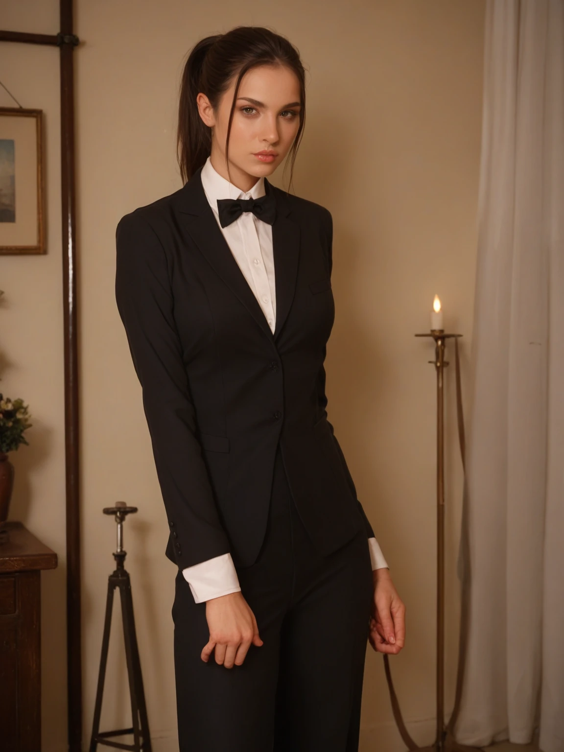 score_9, score_8_up, score_7_up, score_6_up, score_5_up, score_4_up, realistic style, photorealism, high detail, cowboy shoot, professional photo of a beautiful brunette, ponytail hairstyle, magnificent physique, medium-sized breasts, black BDSM outfit, standing surrounded by men in formal suits, looking at the viewer , gothic lighting, torture room, tag1, tag2