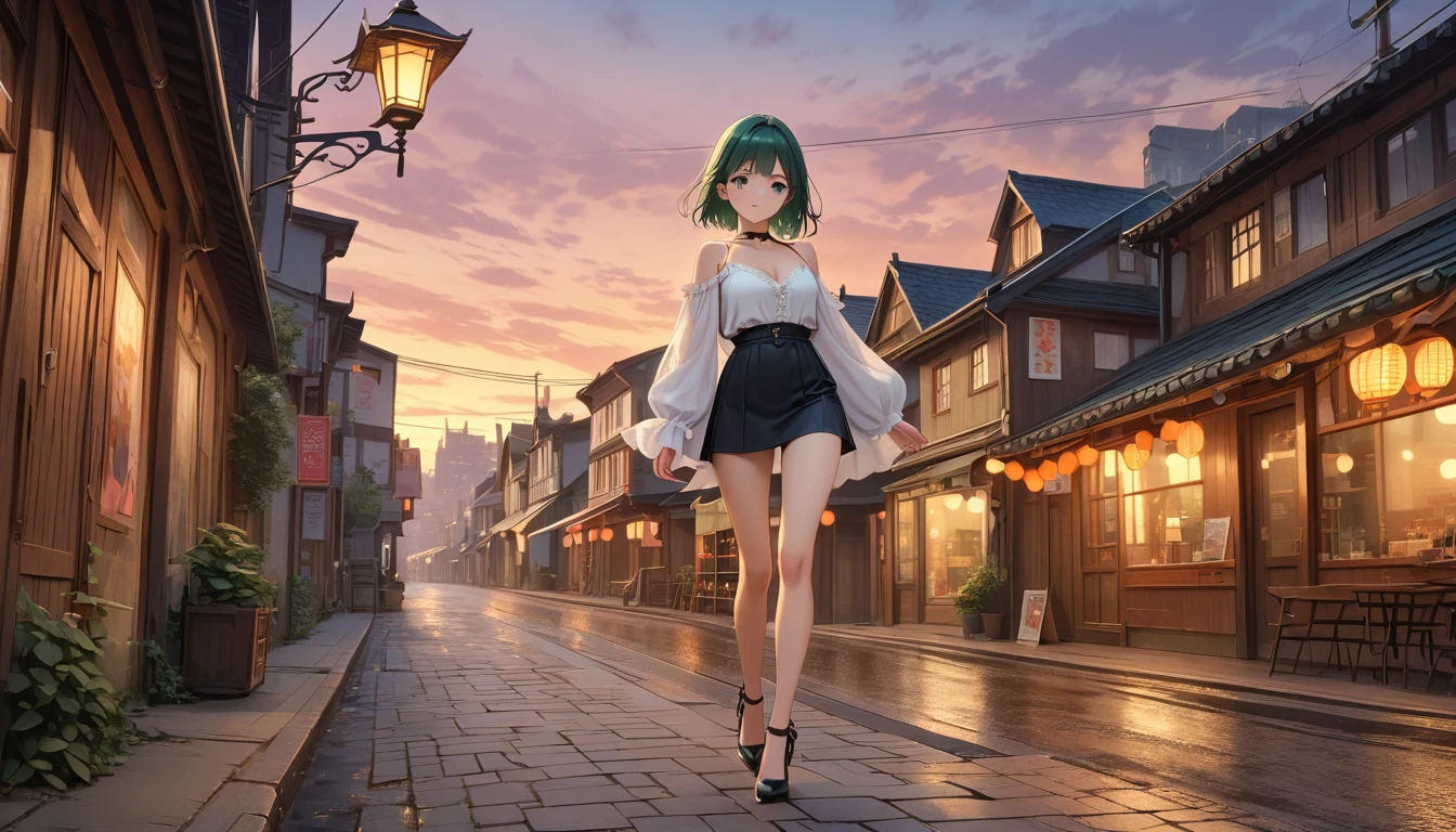 ((Highest quality)), ((masterpiece)), (anime), Beautiful and sexy woman walking down the street in a short skirt, Blouse and high heels, blue eyes, Green Hair, Smooth Skin, Cleavage, ((whole body)), (City Settings, urban environment), smile, Exposing shoulders, anime, Green Eyes, Maomao, Under the street lamp, Sunset dusk,4K Manga Wallpapers, きれいで詳細なanimeアート, Hiro Yamagata, Makoto Shinkai. Attention to detail, in style of Makoto Shinkai,