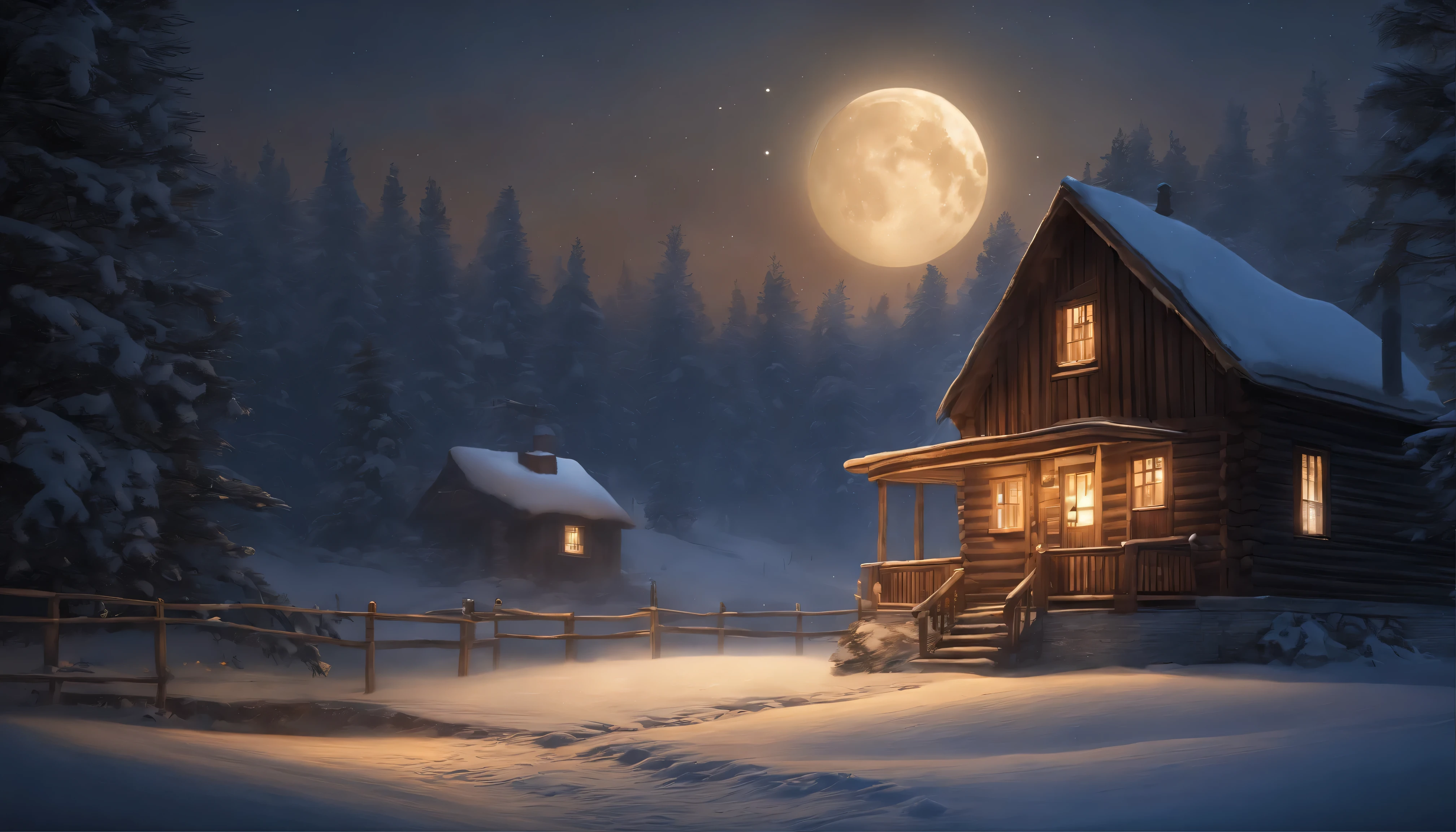 snowy night scene with a cabin and a full moon, winter night, winter scene fantasy, inspired by Evgeny Lushpin, winter atmosphere, inspired by Ivan Kramskoi, moonlight snow, winter painting, snowy night, inspired by Terry Redlin, australian winter night, twilight ; digital oil painting, the glow of the moonlight, moonlight snowing, calm night. digital illustration