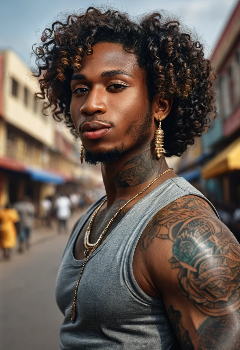 (man, 20s, from ghana, dancer), large mouth, wide mouth, thick lips, large nose, big nose, curly hair, black skin, tattooed arms, street style, profile photo, upper body shot, ((high-quality, hyper realistic, photorealistic, 8K, best quality, 4k, highres, masterpiece:1.5)), ultra-detailed, (realistic, photorealistic, photo-realistic:1.3), HDR, UHD, ultra-fine painting, sharp focus, physically-based rendering, extreme detail description, professional,
