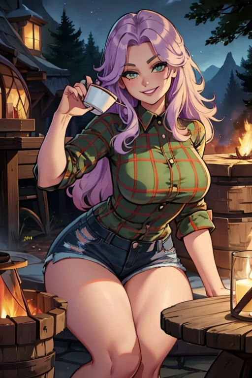 Perfect face. Perfect hands. A light purple haired woman with green eyes and an hourglass figure with long hair wearing a Gothic plaid shirt and daisy dukes is drinking coffee at a fire pit at a campsite with a big smile