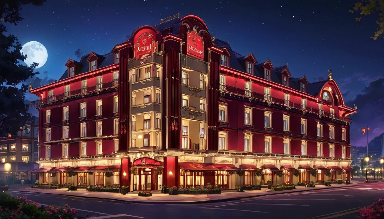 a hotel called Crimson Regal, nighttime, omnious looking.