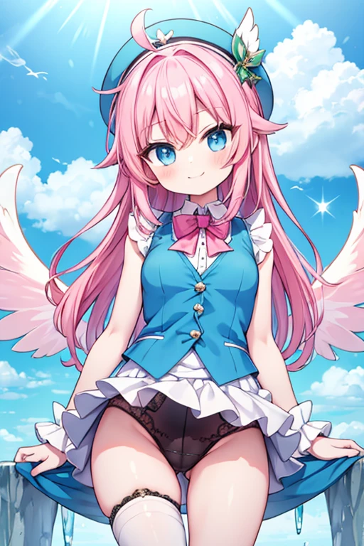 change, Leprechaun, pink  hair: far away, blue colored eyes, breasts small, Vest, garter, hair accessories, seducing smile, gauze, tilt your head, behind the arms, (Scrawny), (fine legs: legs spread open), high détail, best qualityer, work of art, detailed ice, cumulonimbus clouds, Beautiful details shine, ice crystal textured wings