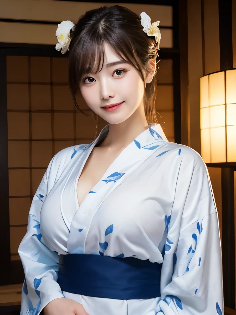 Tabletop、Highest quality、 Ultra-detailed、High resolution、8k wallpaper、Perfect dynamic composition,、Beautiful attention to detail、Natural color lip、Bold sexy pose、smile、Harajuku、20-year-old girl、cute、sexy shot looking at camera、(Highest quality: 1.3), (masterpiece: 1.3), (Super Detail: 1.3), (wallpaper, One Girl: 1.1)、(Detailed hands and fingers:1.2)、(Ultra-oily, lustrous skin with attention to detail:1.1)、(Yukata at a Ryokan:1.4)、(barefoot:1.3)、Brown Hair、Long Hair、Straight hair、Beautiful sister、(Luxury Ryokan:1.2)、(Beautiful big breasts:1.5) 、Stay in a Japanese-style room、tatami、Sexy pose
