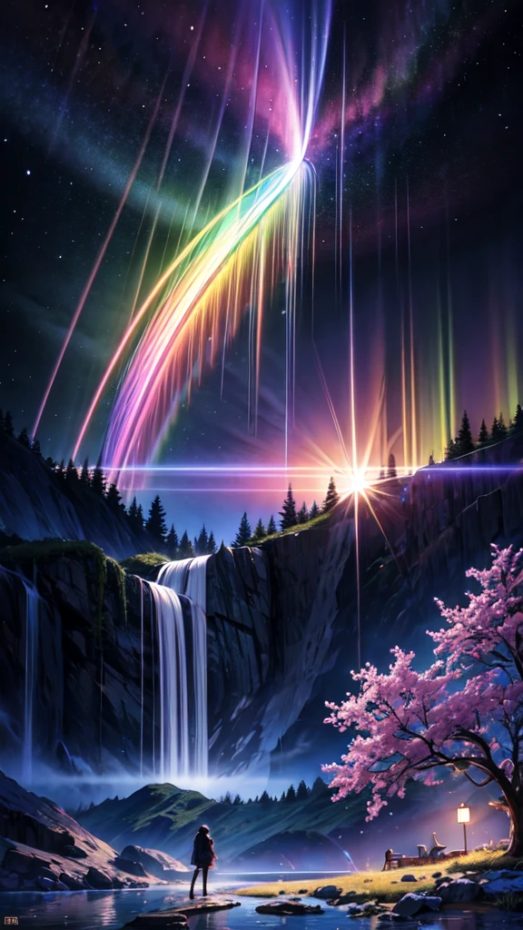 masterpiece, best quality, high quality, CG, 8k, landscape, night, Sky, cloud, unmanned ,Dense forest, beautiful waterfall, rainbow, Fantasy image, firefly, moonlight, aurora, tree, black snake on tree, 