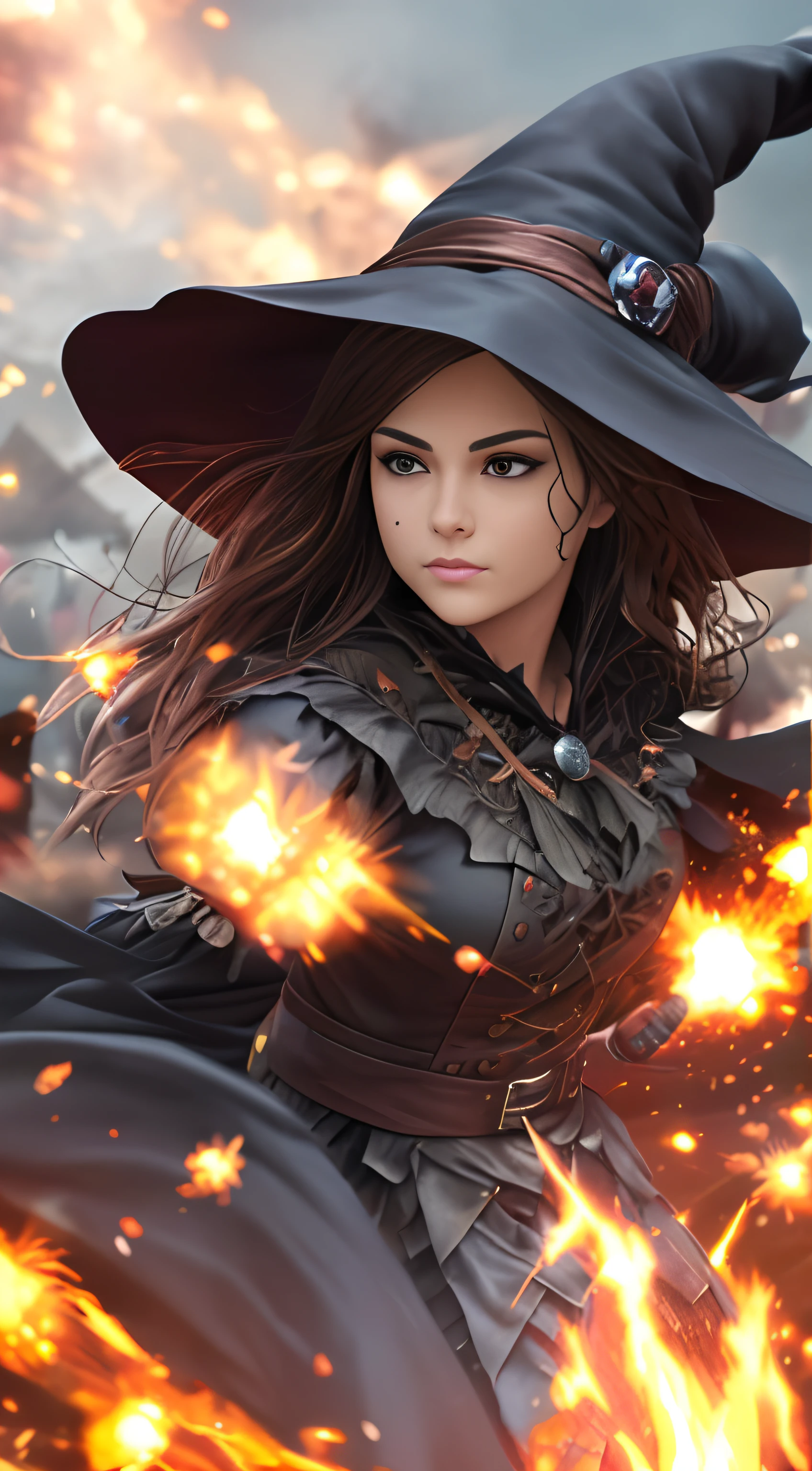 (best quality:1.2,highres,ultra-detailed:1.1),Witch costume,detailed face:1.2,explosion in the background,masterpiece:1.2,extreme detail description,vivid colors,sharp focus