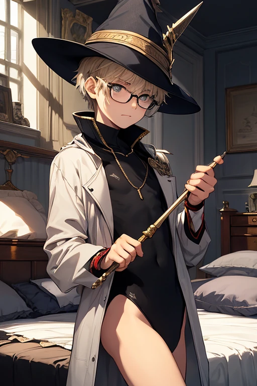 Boy, , leotard, ((Bedroom)), rapier in his hand, wearing a wizard hat and eyeglasses