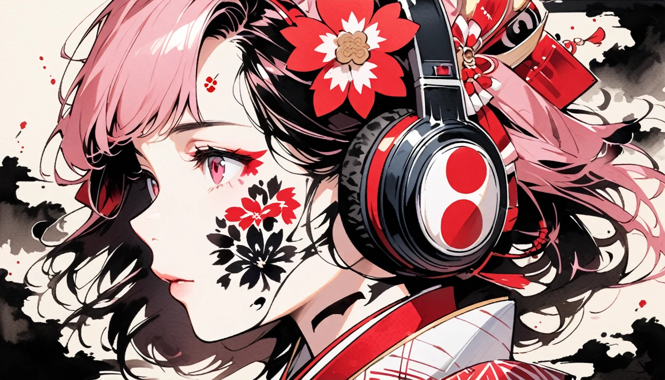 (((Ink Painting))), ((Japanese style headphones)), (((Japanese pattern tattoo on face))), face close up, Gorgeous hair accessories, Japan人の美少女, Fluttering Hair, Japan, Japanese flag, pink