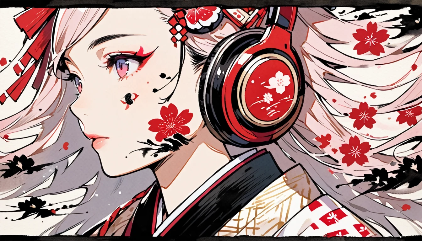 (((Ink Painting))), ((Japanese style headphones)), (((Japanese pattern tattoo on face))), face close up, Gorgeous hair accessories, Japan人の美少女, Fluttering Hair, Japan, Japanese flag, pink