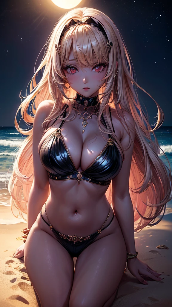 A beautiful woman in gyaru makeup wearing  on the beachfront, surrounded by servants, beautiful portrait of a stunning goddess girl, beautiful detailed face, porcelain skin, full body shot, centered,(black hai,navel:1.2),((moonlight,night,big neons,strong neon lighting,rim lighting,two tone lighting))), back facing away 