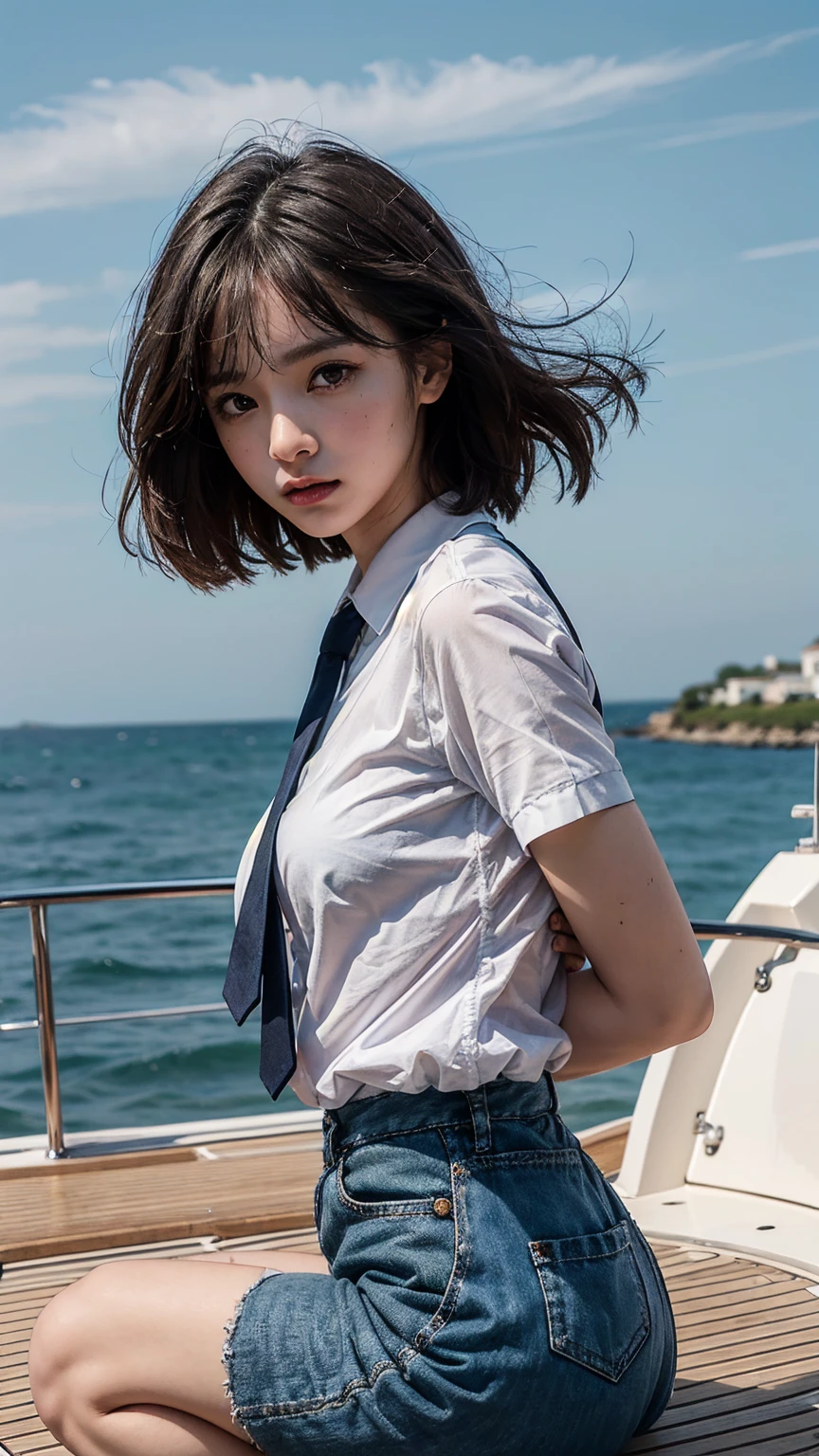 8k, RAW Photos, Highest quality, masterpiece:1.2), masterpiece, Highest quality, shape, Very detailed, The finer details, High resolution, 8k,wallpaper, Perfect dynamic composition,(High quality with attention to detail, Realistic depiction of eyes:1.3)、 woman、Put your arms around my back, Tie your hands behind your backk, Crouching on the deck of a yacht at sea、White panties are visible、My hair is blowing violently in the strong wind、Wearing a short-sleeved shirt、Wear a long skirt、whole body、The whole is facing forward、21age、beauty、Well-formed face、Even out the eyes、Beautiful black hair、With bangs、A well-balanced physique、Beautiful feet、Refreshing small face、Beautiful views、Anatomically correct body、