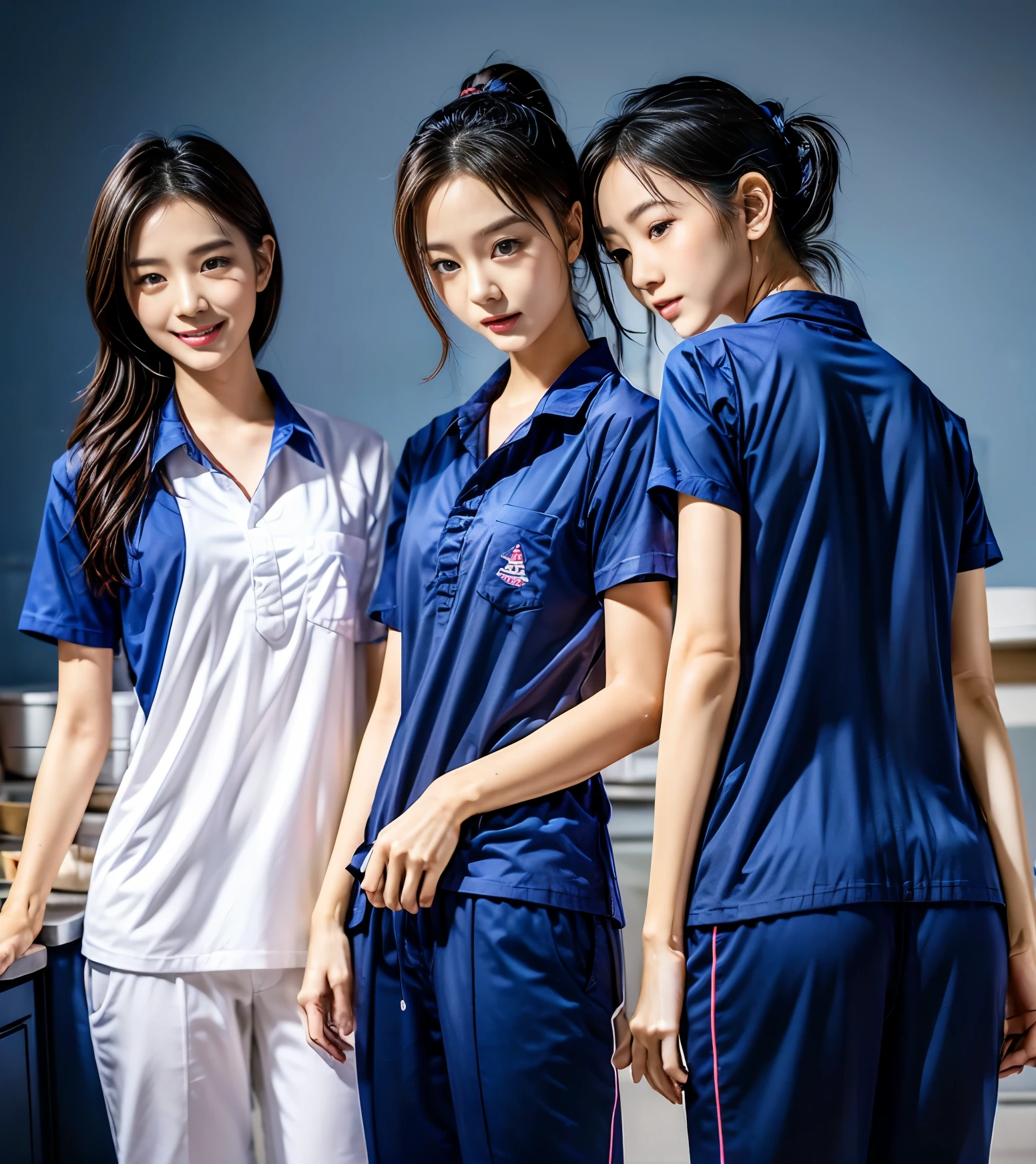 (best quality,10,10,height,Masterpiece:1.2),Special details,(realistic,ภาพrealistic,Realistic photos:1.37),1 Cute girl in the kitchen,shiny, ผิวshiny,only,smile softly,BDclothelue shirt:1.3)),short sleeve,shirt, กางเกงขาlong.,(navy_long_track pants:1.1), ((Kitchen Background)),Dynamic angle,excited,Face focus,dynamic poses,from behind,focus on ass,Masterpiece, best quality, ultra realistic, hyper detail, 8k resolution, raw photos, Sharp focus, ((Navy blue shirt:1.1)), short sleeve, เส้นทางlong, perfect body, 2 mature women, 18 years old, Cinema-grade lighting system,blue sweatpants,shirtผ้าออกกำลังกาย,correct anatomy,perfect body, correct body, Sharp face, correct bodyทางกายวิภาค, full body, realistic gestures, long-haired, realistic poses,Wear long shorts...........................,ช่วงขาlong,Good shape,carved girl, Slender figure, model, Good shape, beautiful body,blue sweatpants, two girls kissing