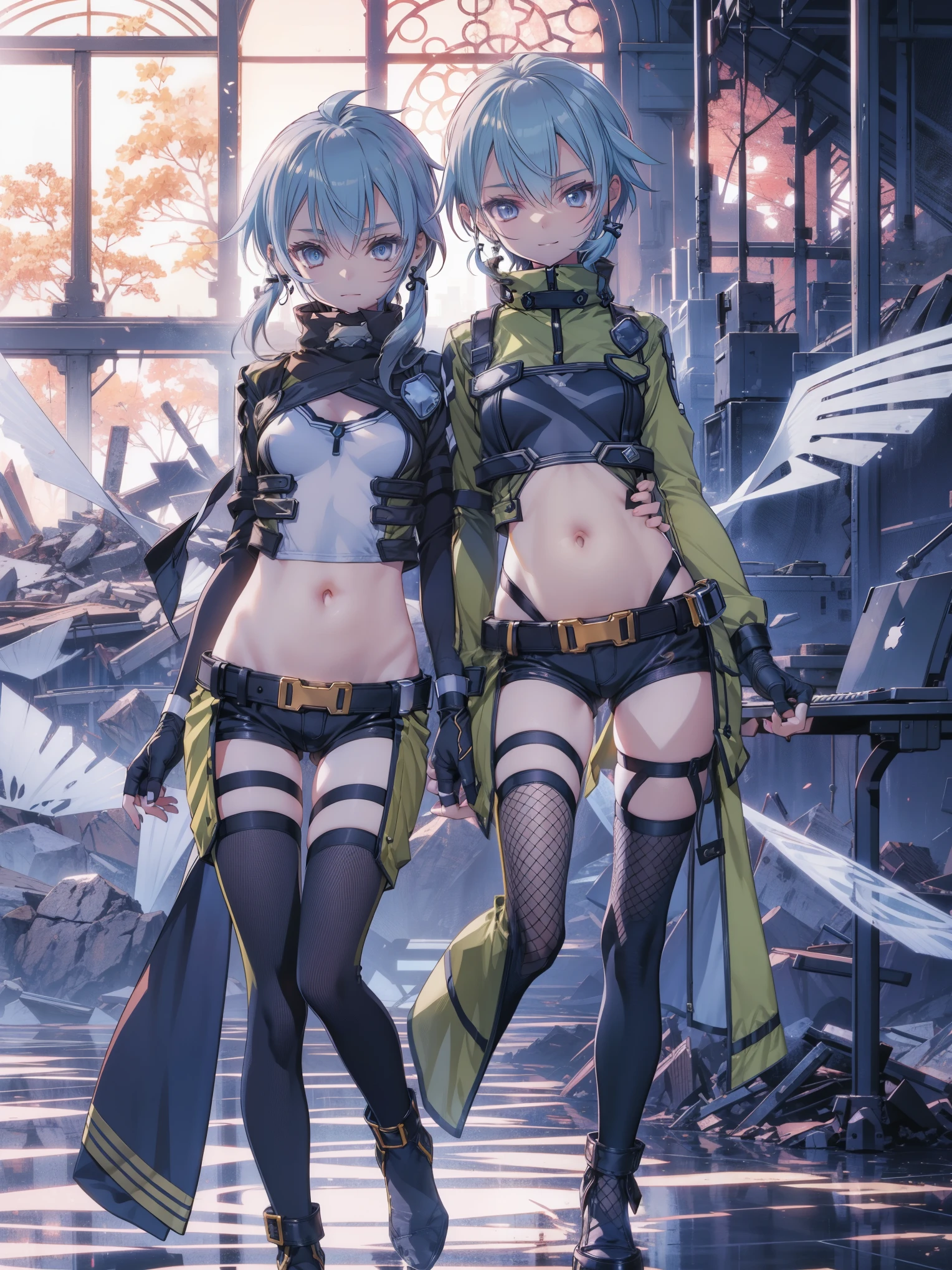 yuffiekisaragi, Yuffie Kisaragi,Haircuts, pixie cut,
壊す crop top, fingerless gloves, fishnet Thighhighs, fishnet, forehead protector, gloves, head band, belly button, short shorts, shorts, single sleeve, single thigh high, No sleeve, No sleeve turtleneck, Thighhighs, turtleneck,
bench、blue sky、smile, solo,rising_leg