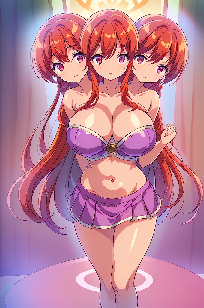 (masterpiece, best quality), best quality, (ultra-detailed), ((3heads:1.5)), 1girl, (kotohime:1.3), masterpiece, best quality, ultra quality, ultra resolution, ultra detail, purple top, crop top, ((stomach)), midriff, ((groin)), exposed open belly, purple skirt, normal ears, shackles, red hair, very long hair, wavy hair, sidelocks, red eyes, detailed eyes, beautiful eyes, pupils, parted lips, open belly, sweat, cute, toned belly, hand on own chest, eyelashes, (25 year old woman:1.3), (masterpiece:1.5), (best quality:1.5), (beautiful detailed), extremely detailed CG, extremely delicate and beautiful, depth of field, (finely detailed face), (perfect details:1.2), (mature female:1.3), wide pelvis, slender, large veiny breast, 16k resolution, highres, very high quality, very high definition, extremely detailed, masterpiece, ((red hair)), long hair, alluring presence, braid, short skirt, close up, very big tits, very huge tits, young, 3heads, three headed girl, ((redhead)),