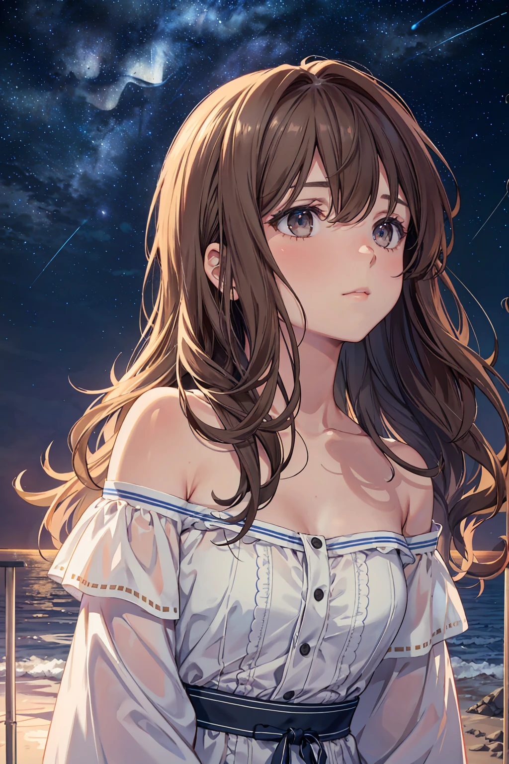 Film Portrait Photography, One girl, Exposing shoulders, Shoulder-length wavy hair, Brown Hair, Calm, (((Looking up at the night sky))), Calm, (Realistic eyes, Natural skin texture, Realistic facial details), Soft and dramatic lighting, Depth of written boundary, Bokeh, Vivid details, In detail, Ultra-realistic, 35mm Film, Blurred, movie,