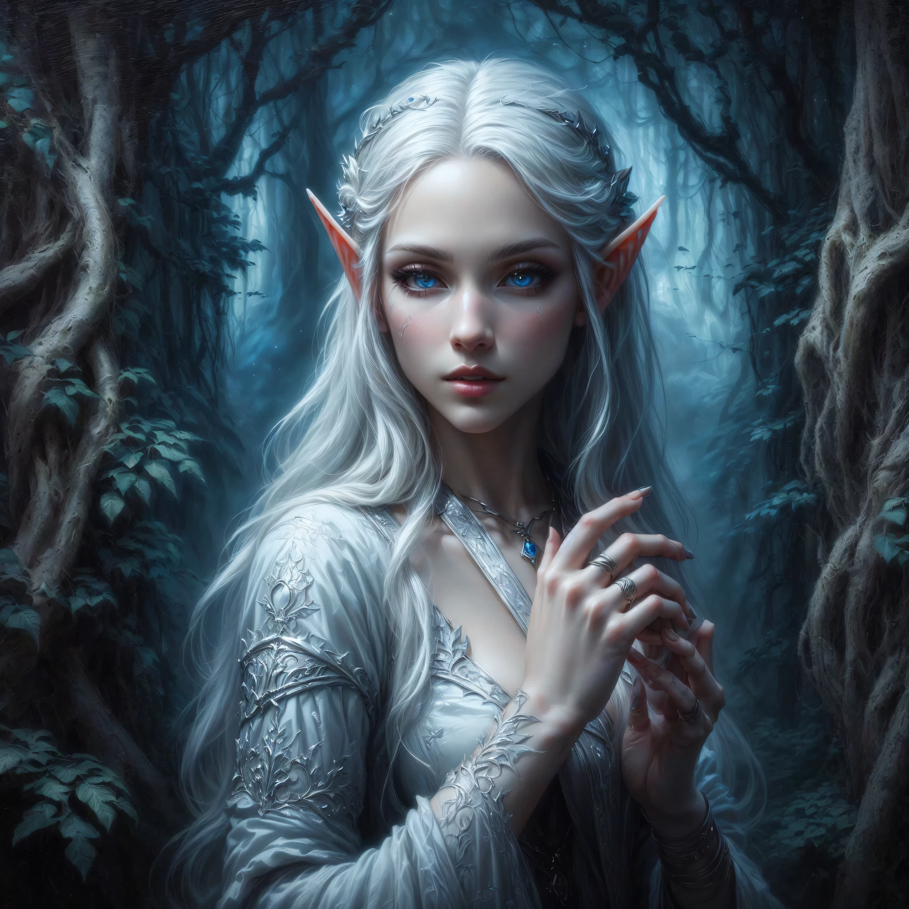 Arafed picture of a woman with white hair and elf makeup, detailed matte fantasy portrait, detailed fantasy art, hyper-realistic fantasy art, 4k fantasy art, realistic fantasy painting, Realistic fantasy artwork, Fantasy Portrait Art, im Stil von Anne Stokes, Portrait of a very beautiful elf, Portrait of an elf queen, Portrait of an elf, of an elden ring elf