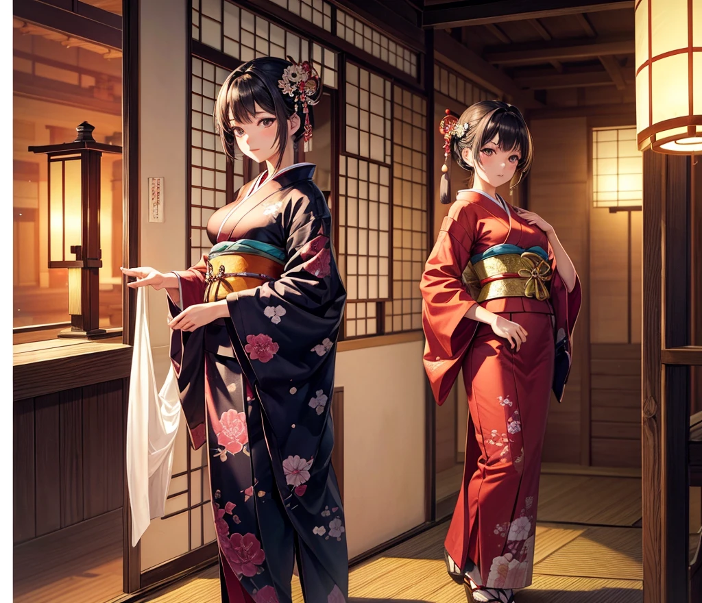 8K resolution, high image quality, high quality, real, a calm scene of a beautiful and sexy woman (luxury prostitute) in the Edo period staring out of the window in a traditional Japanese red light street building. The wooden building has a sliding paper door (shoji) and a lattice window. Oilan wears an exquisite kimono with a complex design, and her hair is styled with a traditional Japanese paper up with a gorgeous hairpin. She stands by the window and looks outside with a thoughtful expression. Outside, cherry trees line the street, their petals fall gently, and traditional lanterns illuminate the street with a soft and warm glow. The atmosphere is peaceful, but there is a sense of admit.