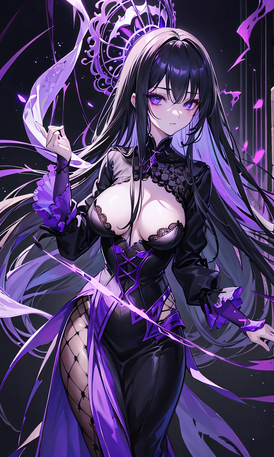 Fishnet lace dark black light silk shirt,Tall,Slim and slender,Enchantress,Seductive,Ghost Decoration,Long black hair,There are some purple and white lines decoration,Peerless,Charming,Romance,Zidai makeup