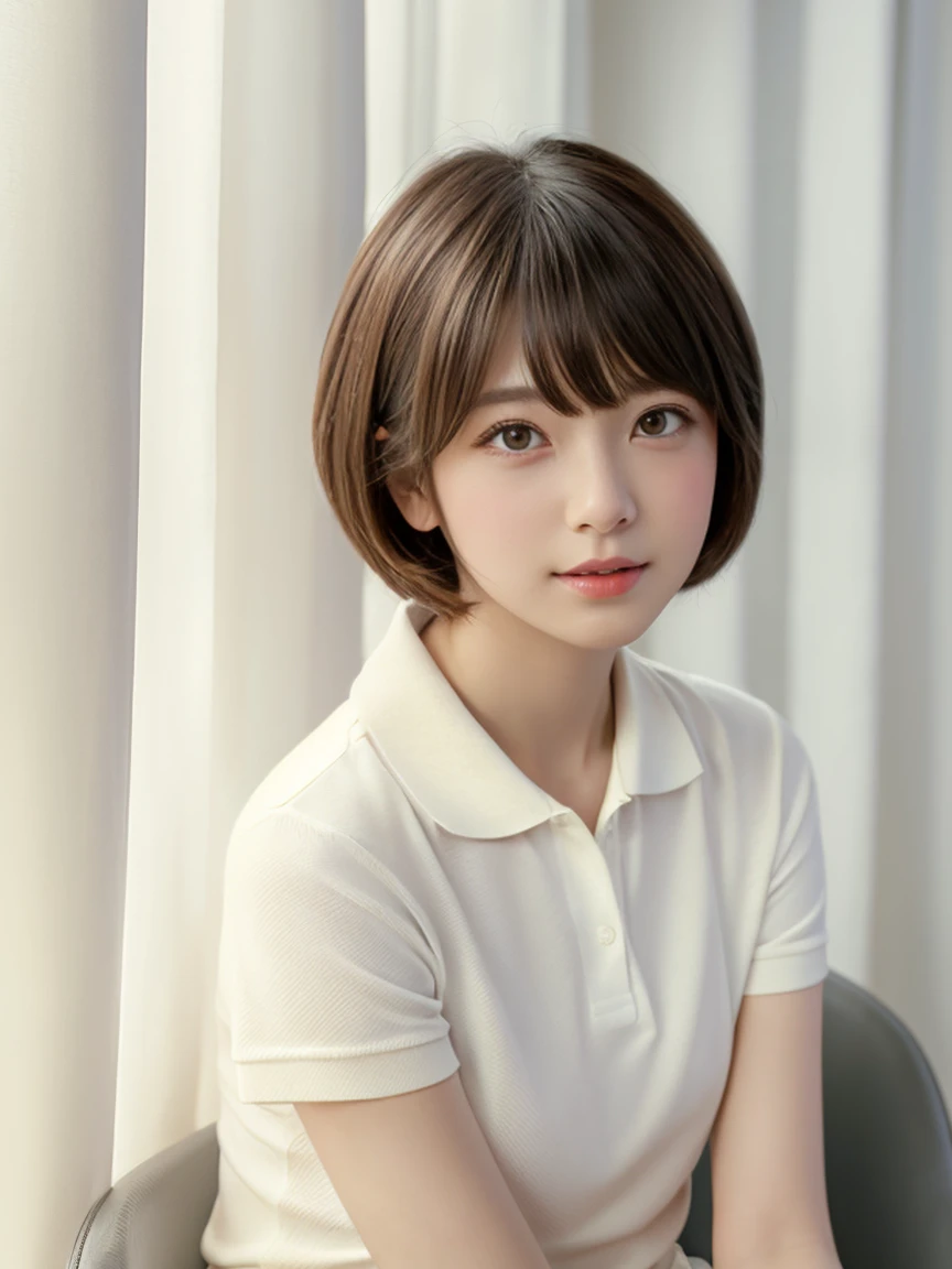 semi-realistic anime style、Cute short hair skinny girl、White curtain room、Wearing a white polo shirt、Good style、Beautiful eyes、Short Hair、Sitting in a chair