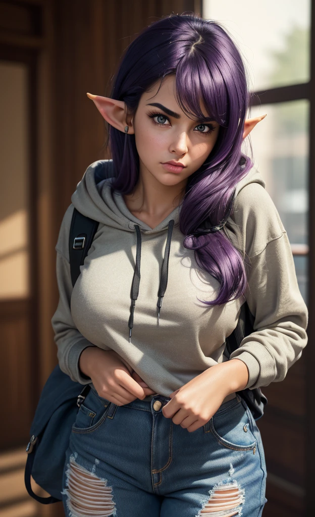 (masterpiece), (extremely intricate:1.3), (realistic), portrait of a girl, huge and perfect breasts, the most beautiful in the world, dark eyebrows, bright purple hair, (Sue Clearwater:1.3), scowl, (annoyed pout:1.2), blushing heavily, (oversized baggy cosy hoodie), (ripped baggy jeans), (canvas sneakers), (backpack), (elf ears:1.1), tanned, detailed textures, indoors, bright sunlight, college library, professional photograph of a stunning woman detailed, looking at the camera, alluring stare, detailed eyes, sharp focus, dramatic, award winning, cinematic lighting, octane render unreal engine, volumetrics dtx, (film grain, blurry background, blurry foreground, bokeh, depth of field, motion blur:1.3)