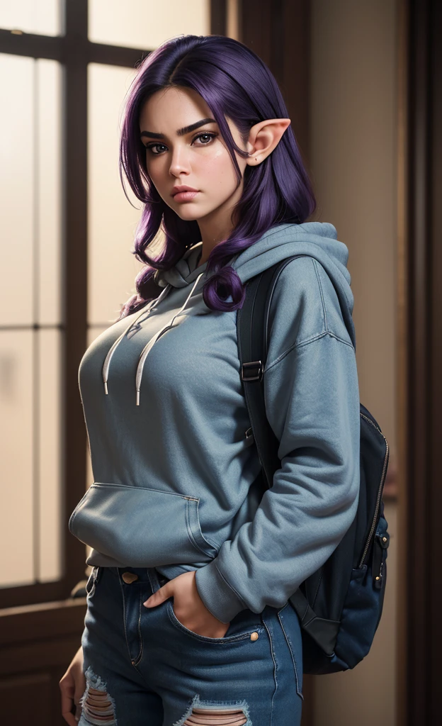 (masterpiece), (extremely intricate:1.3), (realistic), portrait of a girl, huge and perfect , the most beautiful in the world, dark eyebrows, bright purple hair, (Sue Clearwater:1.3), scowl, (annoyed pout:1.2), blushing heavily, (oversized baggy cosy hoodie), (ripped baggy jeans), (canvas sneakers), (backpack), (elf ears:1.1), tanned, detailed textures, indoors, bright sunlight, college library, professional photograph of a stunning woman detailed, looking at the camera, alluring stare, detailed eyes, sharp focus, dramatic, award winning, cinematic lighting, octane render unreal engine, volumetrics dtx, (film grain, blurry background, blurry foreground, bokeh, depth of field, motion blur:1.3)