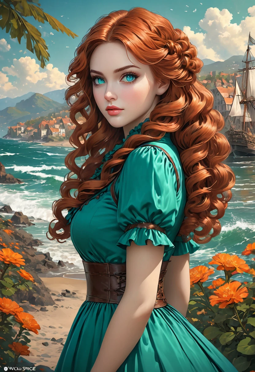 Beautiful Dickensian woman.  Innocent.  But with hidden sultriness. sea-green-eyes.  Novy blue dress. copper colored hair that is coarse, wiry, and tightly curled. It often has a rough texture, feels stiff to the touch, and may be prone to frizz and tangling. The curls can be densely packed. . The Official Art – An Award-Winning Digital Masterpiece In 4K Ultra HD, Extreme Detail And Intricate Realism. This Concept Art Brought To Life By The Hands Of Artists Like Wlop & Artgerm In A Stunning 2D Vector Illustration. Paige Renee Spiranac. LArge, perky, full, well shaped pleasing breasts. Background is a panoramic vista.
