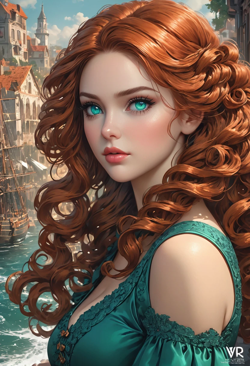 Beautiful Dickensian woman. Innocent. But with hidden sultriness. sea-green-eyes. Novy blue dress. copper colored hair that is coarse, wiry, and tightly curled. It often has a rough texture, feels stiff to the touch, and may be prone to frizz and tangling. The curls can be densely packed. . The Official Art – An Award-Winning Digital Masterpiece In 4K Ultra HD, Extreme Detail And Intricate Realism. This Concept Art Brought To Life By The Hands Of Artists Like Wlop & Artgerm In A Stunning 2D Vector Illustration. Paige Renee Spiranac. LArge, perky, full, well shaped pleasing breasts. Background is a panoramic vista.
