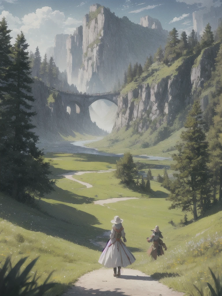In a green meadow stands a girl leading a group of knights.
BREAK
With a brave expression, she guides them towards their destination.
BREAK
Behind her, a green forest stretches out and beyond that, mountains rise in the distance.
BREAK
The most suitable effect for this scene would be a watercolor painting technique to capture the softness of the meadow and the fluidity of the movement.
