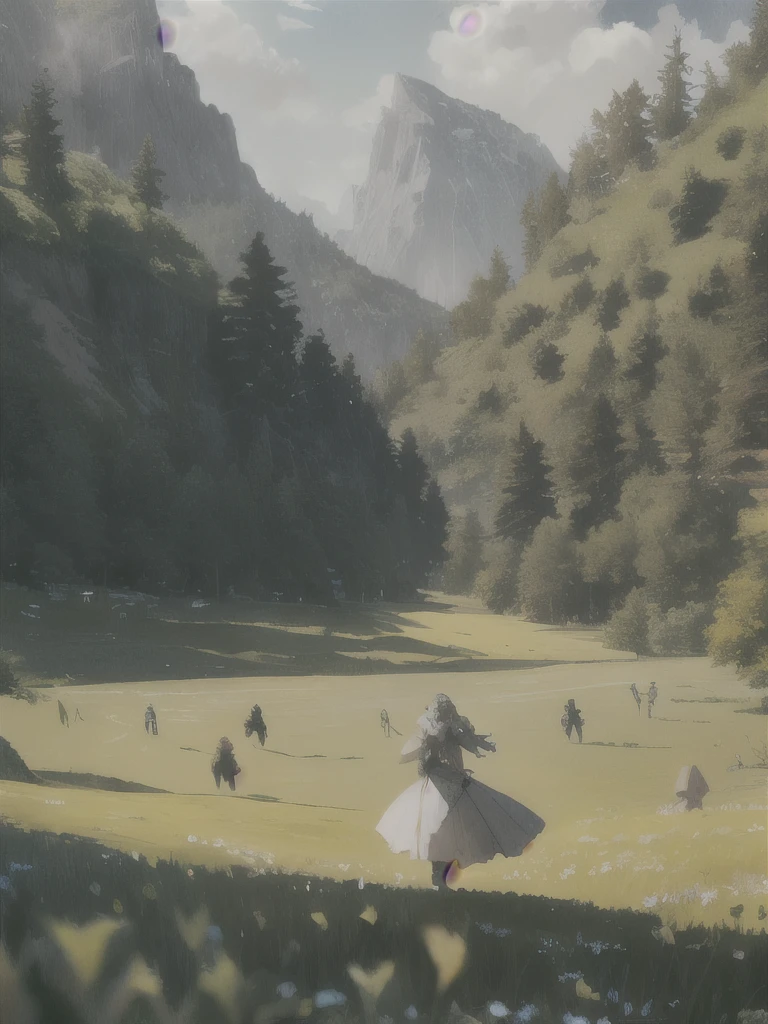 In a green meadow stands a girl leading a group of knights.
BREAK
With a brave expression, she guides them towards their destination.
BREAK
Behind her, a green forest stretches out and beyond that, mountains rise in the distance.
BREAK
The most suitable effect for this scene would be a watercolor painting technique to capture the softness of the meadow and the fluidity of the movement.