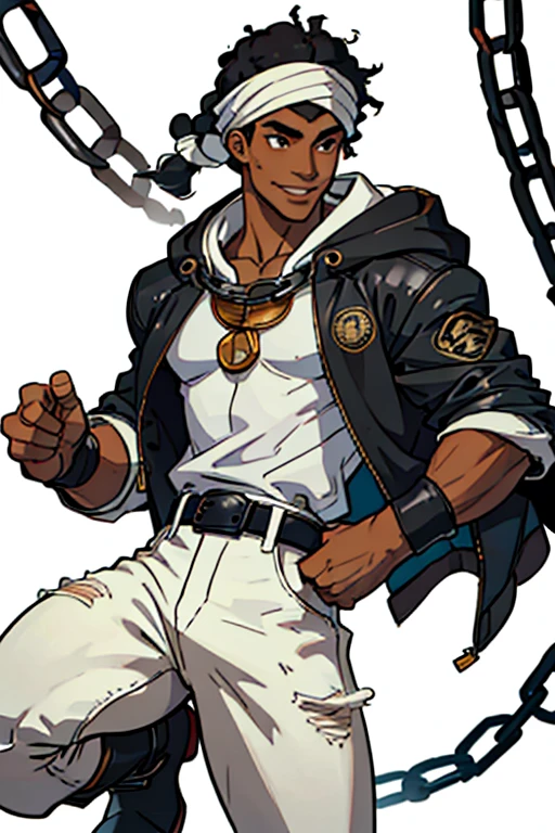 afro young man full body image, with 1,90 m tall and the power to control chains an athletic body. He has black curly hair with a turban band around his hair and two strands of white curls on his face and shiny black eyes.. Your skin is black and your smile is captivating, always displaying confidence and charisma. by a characteristic white regatta shirt with a spiral symbol and a black jacket on top with white details and hood and black jeans cropped at the knee, with chains, stylish black military boots full of belts and chains,