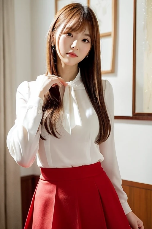 ((best qualityer)), ((work of art)), (detailded), 1 girl, in a very short half-skirt and a white formal blouse, long red hair and bangs, Japanese woman with igari makeup