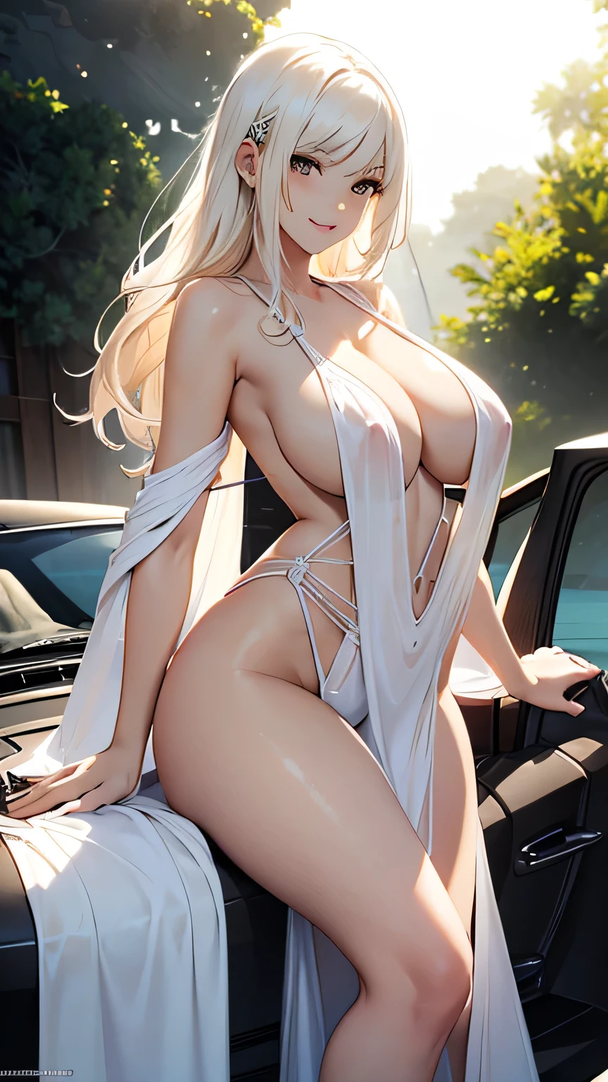 beautiful detailed girl, sexy long transparent white sling bikini and long robes, smile, short white hair, blonde hair, slender, Pose with hands together, Youthful expression, large breast, massive cleavage exposed, huge buttock, sitting on top of sport car